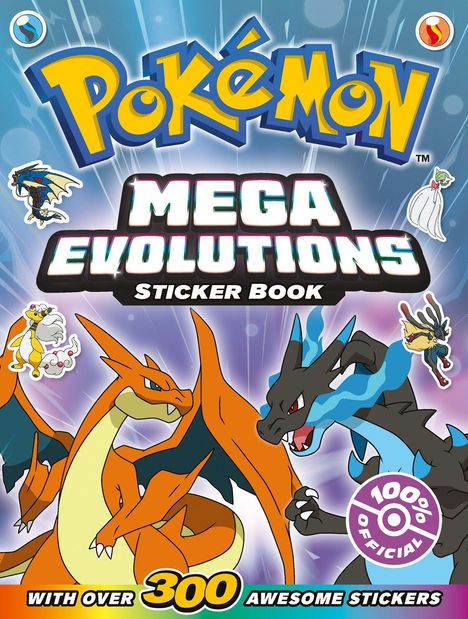 „Pokémon Mega Evolutions Sticker Book“ mit über 300 Stickern. Zwei Drachenähnliche Kreaturen im Vordergrund.