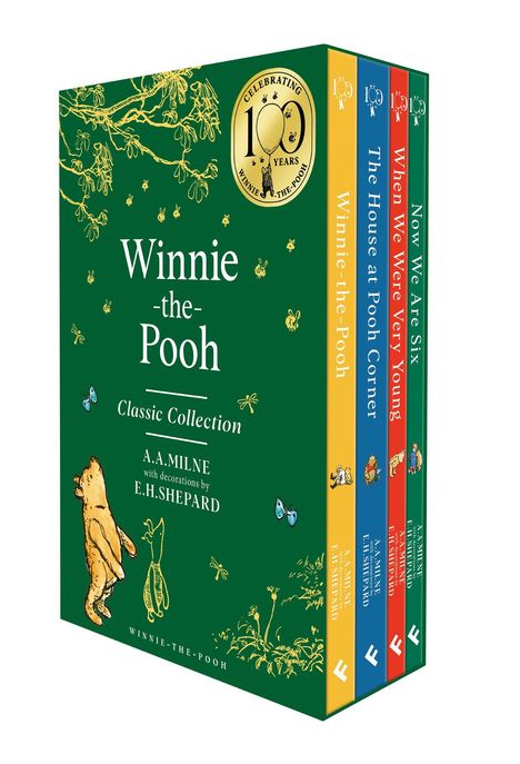 "Winnie-the-Pooh Classic Collection" Bücherbox, grün mit Bären- und Schweinchenillustrationen, feiert 100 Jahre.
