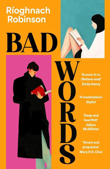 Titel: "Bad Words". Autor: Ríoghnach Robinson. Zwei Illustrationen von Personen beim Lesen. Farbe: orange, pink, blau.