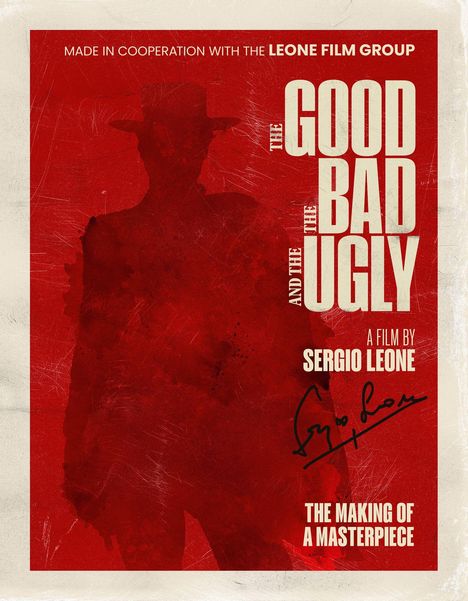 „THE GOOD, THE BAD AND THE UGLY“, Film von Sergio Leone. Rote Silhouette eines Cowboys, staubiger Hintergrund.