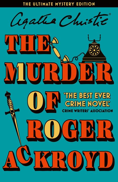 Titel: "The Murder of Roger Ackroyd". Agatha Christie. Illustration mit Telefon und Dolch.