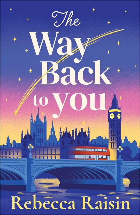 "The Way Back to You" von Rebecca Raisin. Illustration einer Stadtsilhouette bei Sonnenuntergang mit einem Bus auf einer Brücke.