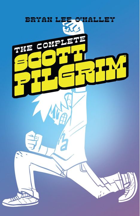 "Bryan Lee O'Malley", "The Complete Scott Pilgrim", Zeichnung: Figur springt mit hochgestrecktem Arm auf blauem Hintergrund.