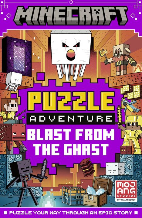 "PUZZLE ADVENTURE: BLAST FROM THE GHAST". Oben "MINECRAFT". Illustration mit Block-Kreaturen und lila Hintergrund.