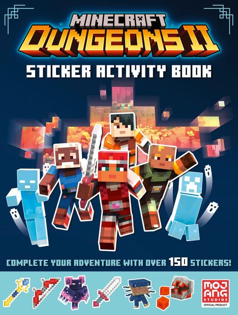 "MINECRAFT DUNGEONS II", "STICKER ACTIVITY BOOK". Figuren in Pixelgrafik, viele bunte Sticker darunter.