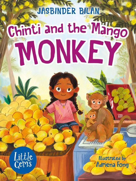 „Chinti and the Mango Monkey“, bunte Illustration: ein Kind sitzt neben Mangos, ein Affe mit Baby daneben, umgeben von Bäumen.