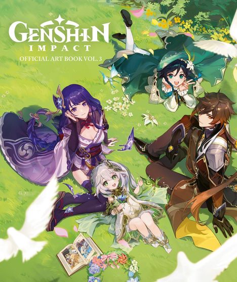„GENSHIN IMPACT OFFICIAL ART BOOK VOL. 3“. Eine Illustration von vier Figuren auf einer Blumenwiese mit Schmetterlingen.