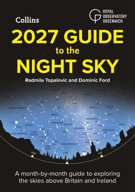 "2027 GUIDE to the NIGHT SKY" von Radmila Topalovic und Dominic Ford. Himmelskarte über einer Landschaft.