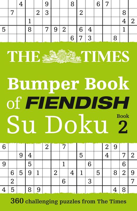 "The Times Bumper Book of Fiendish Su Doku Book 2." Oben und unten sind teils ausgefüllte Sudoku-Gitter.