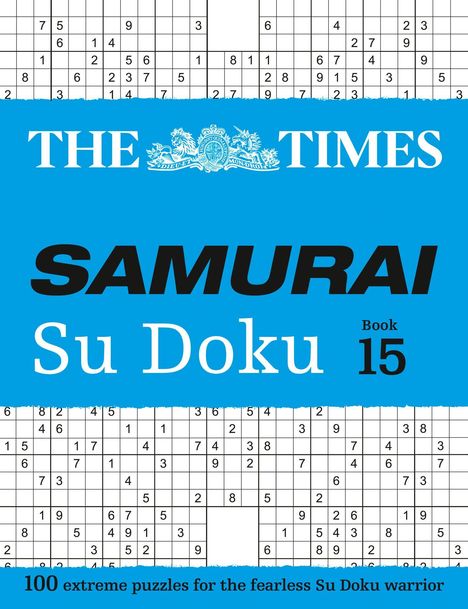 "The Times Samurai Su Doku Book 15. 100 extreme puzzles for the fearless Su Doku warrior." Sudoku-Gitter im Hintergrund.
