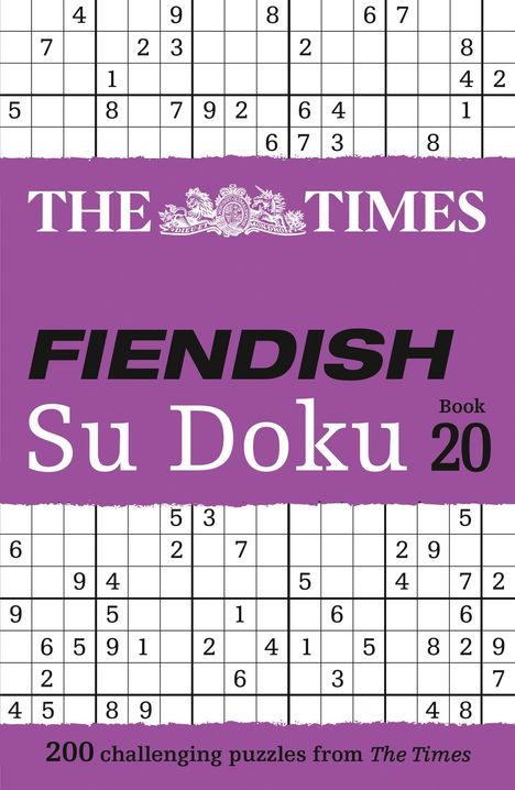 „THE TIMES FIENDISH Su Doku Book 20“ steht auf einem lila Hintergrund, umgeben von Sudoku-Rätseln.