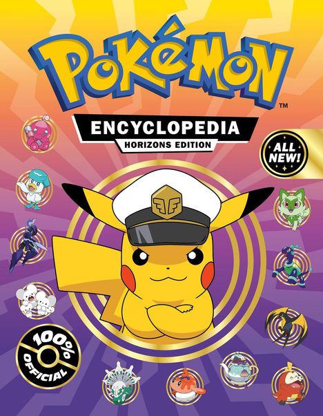 "POKÉMON ENCYCLOPEDIA HORIZONS EDITION" steht groß. Pikachu trägt eine Kapitänsmütze, umgeben von kleinen Pokémon-Kreisen.