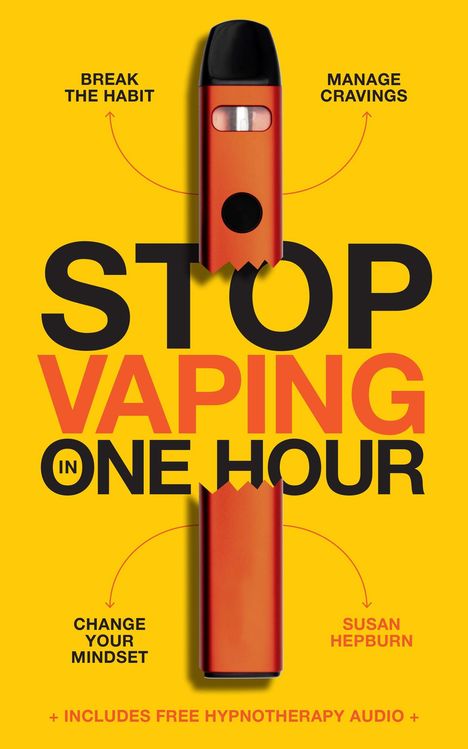 "STOP VAPING IN ONE HOUR" mit Aussagen: Gewohnheit ändern, Verlangen kontrollieren, umgeben von gelbem Hintergrund.