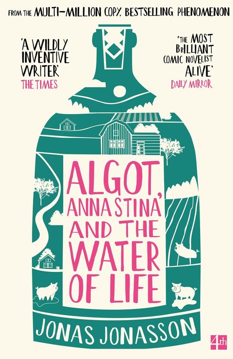 „Algot, Annastina and the Water of Life“ von Jonas Jonasson. Flaschenform mit ländlicher Szene, Schweinen und Gebäuden.