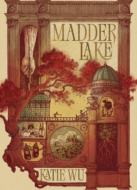 "MADDER LAKE" und "KATIE WU" in großen Buchstaben, umgeben von detaillierten Illustrationen einer Szenerie mit Bäumen und Gebäuden.