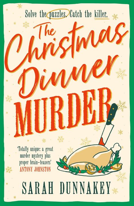 "Christmas Dinner Murder" in roter Schrift, darunter ein Truthahn mit Messer. Oben: "Solve the puzzles. Catch the killer."