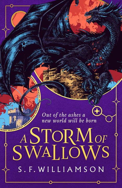 Buchtitel: "A Storm of Swallows" von S.F. Williamson. Purpurhintergrund mit orangen Verzierungen und Sternmotiven.