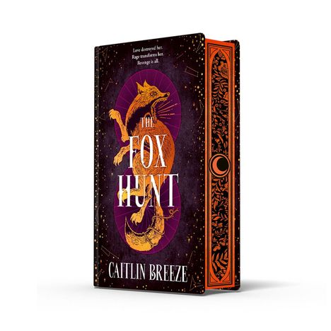 „The Fox Hunt“ von Caitlin Breeze. Ein oranges Fuchs-Design auf violettem Hintergrund. Seitenverzierungen mit Mondmotiv.