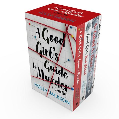 Buchset von "A Good Girl's Guide to Murder" von Holly Jackson. Vier Bücher mit rotem Faden und Stecknadeln.