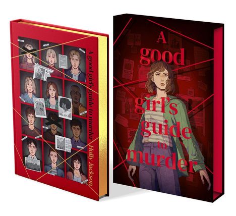 „A good girl’s guide to murder“ von Holly Jackson. Zwei Buchcover: Links mit Fotos und roten Fäden, rechts eine Illustration eines Mädchens.