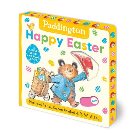 „Happy Easter“ und „A PULL, SLIDE AND PLAY BOOK“. Illustration: Bär mit blauer Jacke, zieht Wagen mit Ostereiern.