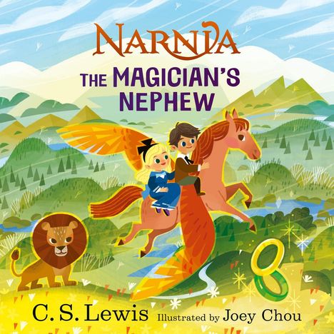 „NARNIA THE MAGICIAN'S NEPHEW.“ Zwei Kinder reiten ein geflügeltes Pferd, umgeben von hügeliger Landschaft und einem Löwen.