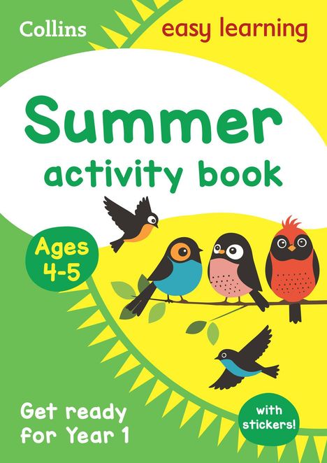 „Summer activity book“ für Kinder von 4-5 Jahren, mit Illustrationen von bunten Vögeln auf einem Ast.