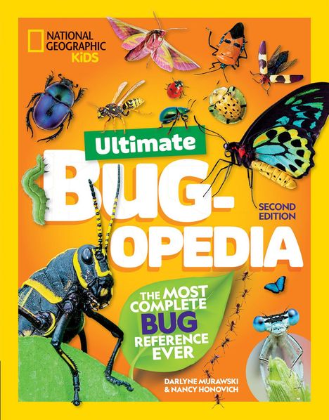 „ULTIMATE BUG-OPEDIA“ in großen Buchstaben. Viele bunte Insekten auf blauem Hintergrund und einem gelben Rahmen.