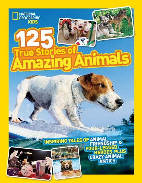 "125 True Stories of Amazing Animals" in großem Text. Ein Hund surft auf Wasser, kleine Fotos von Tieren drumherum.