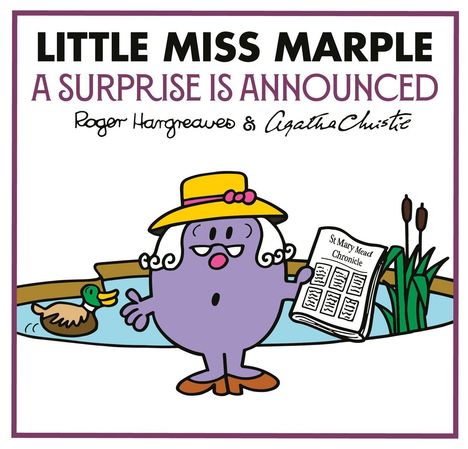 "Little Miss Marple: A Surprise Is Announced" von Roger Hargreaves und Agatha Christie. Figur mit Hut hält Zeitung.