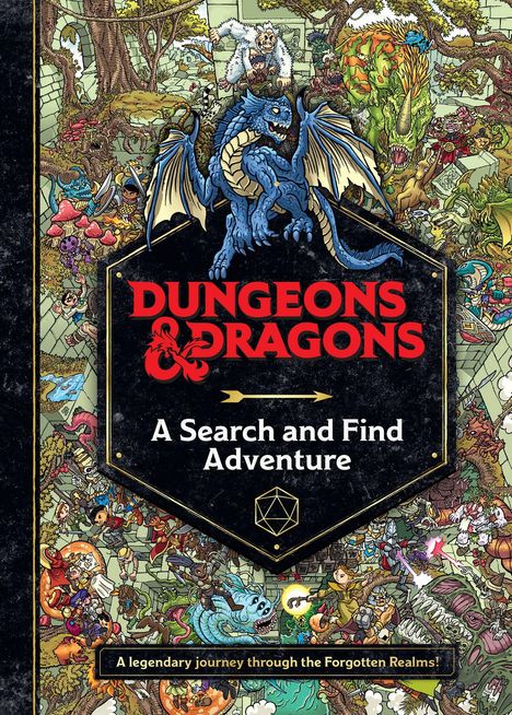 „Dungeons & Dragons: A Search and Find Adventure“. Illustrationen mit Drachen und magischen Kreaturen in einer Fantasiewelt.