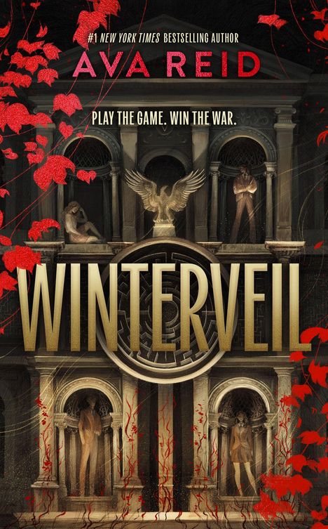 Ava Reid, Play the Game. Win the War. Winterveil. Rote Blätter und Statuen vor einem imposanten, antiken Gebäude.