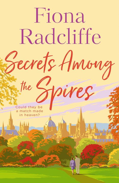 „SECRETS AMONG THE SPIRES“ von Fiona Radcliffe. Hinweis: „FINAL COVER COMING SOON“. Logo: „avon.“ Oben rundes gelbes Emblem. Grau mit gelben Linien.