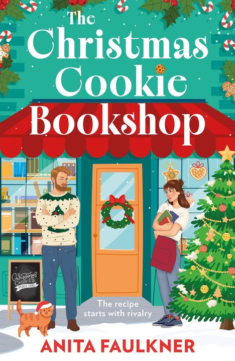 "The Christmas Cookie Bookshop" steht auf einem Buchladen mit Weihnachtsdeko, Menschen, einer Katze und einem Weihnachtsbaum davor.