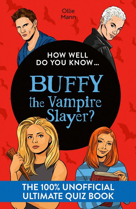 "How well do you know Buffy the Vampire Slayer?" Oben zwei, unten zwei gezeichnete Figuren vor rotem Hintergrund.