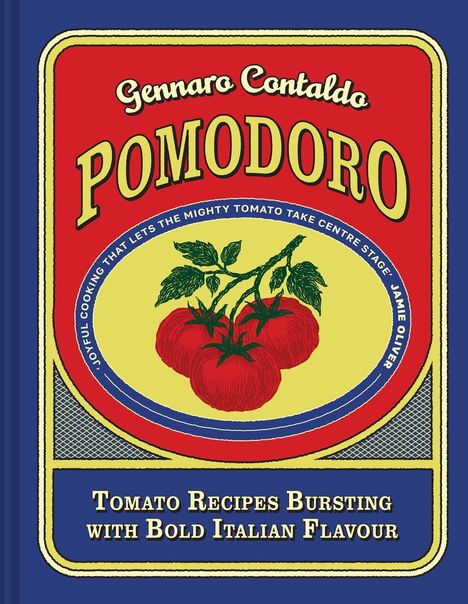 Bucheinband mit dem Titel "Pomodoro", rote Tomaten-Illustration in der Mitte, blauer Hintergrund.
