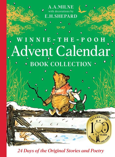 "Winnie-the-Pooh Advent Calendar Book Collection." Illustration von Winnie Puuh und Ferkel im Schnee, roter Schneeanzug, grüner Hintergrund.