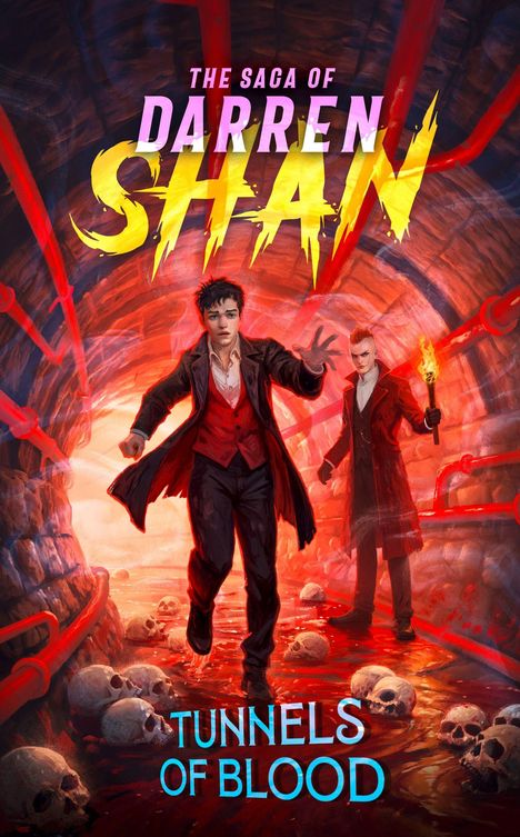 "The Saga of Darren Shan" in gelber Schrift und "Tunnels of Blood" in blauer Schrift auf einem düsteren Tunnel-Hintergrund.