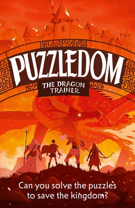 "Puzzledom: The Dragon Trainer. Can you solve the puzzles to save the kingdom?" Illustration: Helden vor einem Drachen.