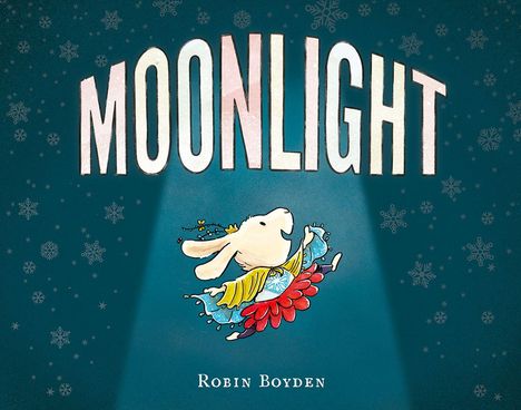 „MOONLIGHT“ in großen Buchstaben. Ein springender Hase mit buntem Schal und Rock vor einem blauen Hintergrund mit Schneeflocken.