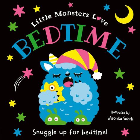 „Little Monsters Love Bedtime“ und „Snuggle up for bedtime!“. Illustration eines blauen Monsters mit Schlafmütze.