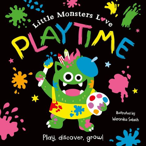 „Little Monsters Love Playtime“ in bunten Buchstaben. Illustration: Ein freundliches, grünes Monster malt.