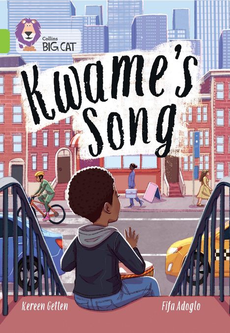 Titel "Kwame's Song". Junge sitzt auf Treppe, schaut auf belebte Straße mit Fahrradfahrer und Fußgängern.