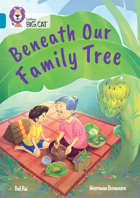 Titel: Beneath Our Family Tree. Illustration: Ein Kind und eine ältere Frau sitzen auf einer Decke, umgeben von Essen.