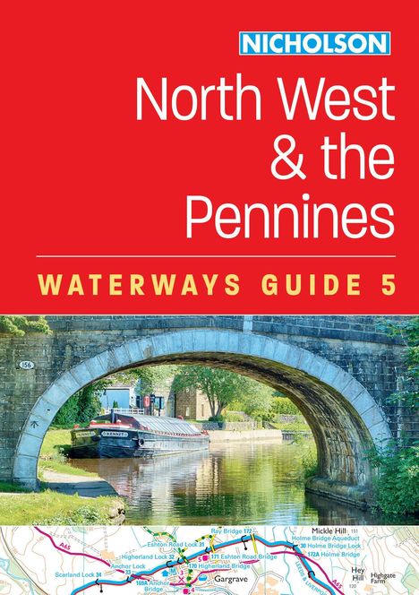 "Nicholson North West & the Pennines, Waterways Guide 5." Bild einer Steinbrücke über einem Kanal mit Booten. Darunter Kartenausschnitt.