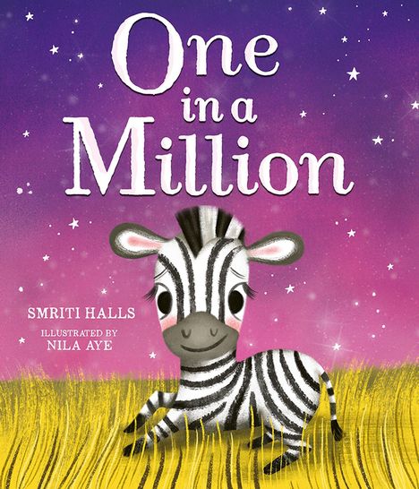 „One in a Million“: Ein fröhliches Zebra auf gelbem Gras, vor einem vio-letten Sternenhimmel.