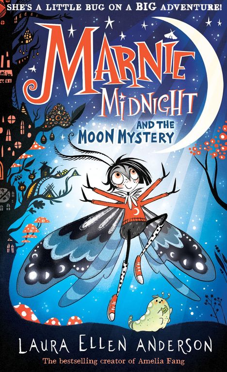 "Marnie Midnight and the Moon Mystery." Illustration: Mädchen mit Insektenflügeln lächelt unter einem großen Mond.