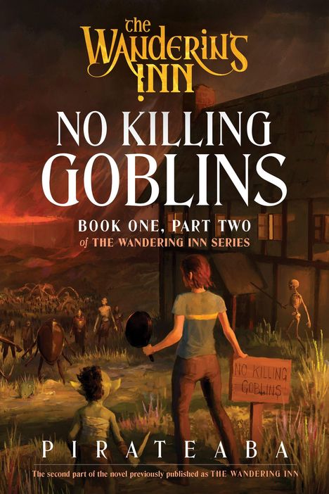 Titel: "No Killing Goblins". Ein Mensch hält eine Pfanne, vor ihm ein Goblin, im Hintergrund ein Skelett und Kreaturen.