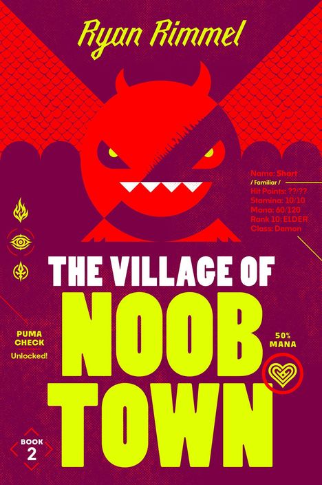 „The Village of Noob Town“. Illustration eines roten Dämons mit gelben Augen und Zähnen.