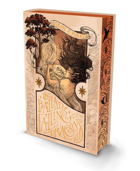"Sarah A. Parker" und "The Ballad of Falling Dragons" stehen auf dem Cover eines Buches mit einer Illustration einer Elfe und Bäume.